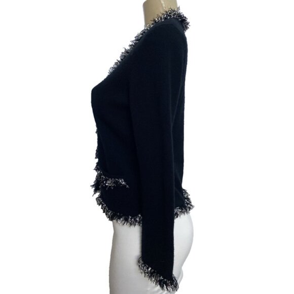 Neiman Marcus Cashmere Knit Sweater Cardigan Black White Fringe Pockets Button M - Picture 4 of 6